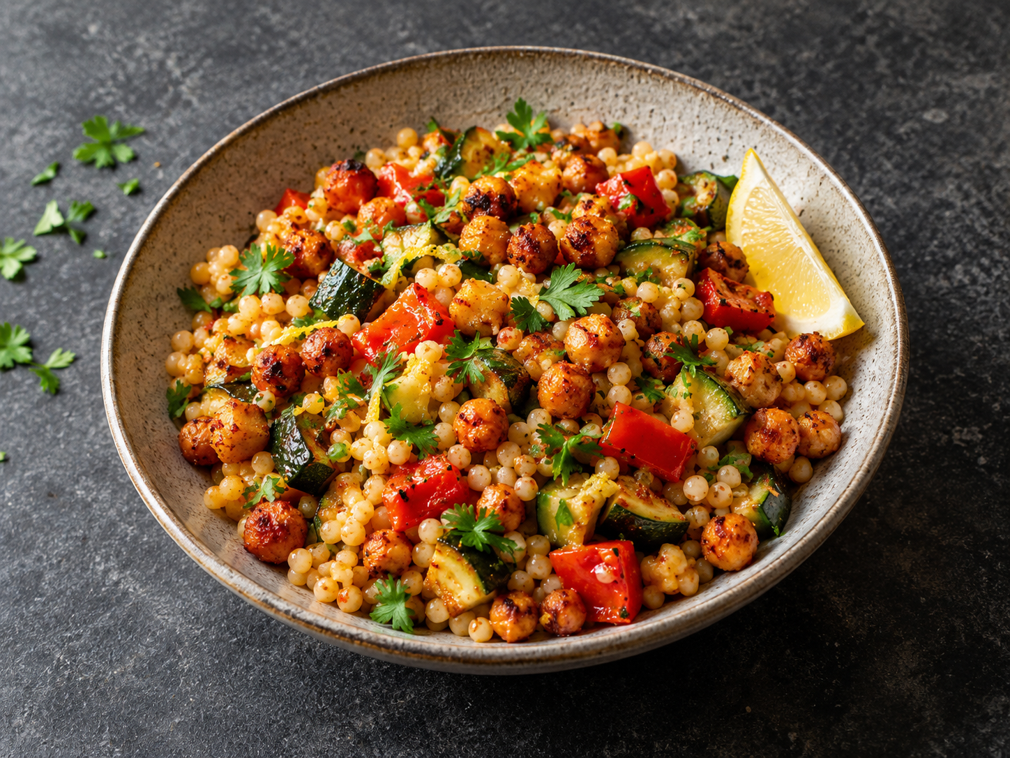 A plate of harissa chickpea couscous with roasted vegetables and herbs