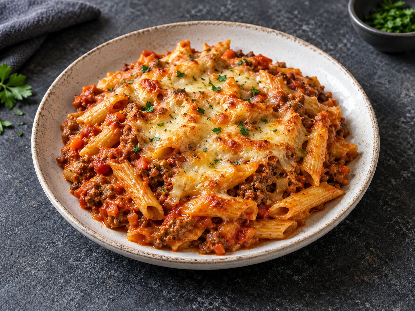 A golden-topped hidden-veg beef pasta bake in a baking dish