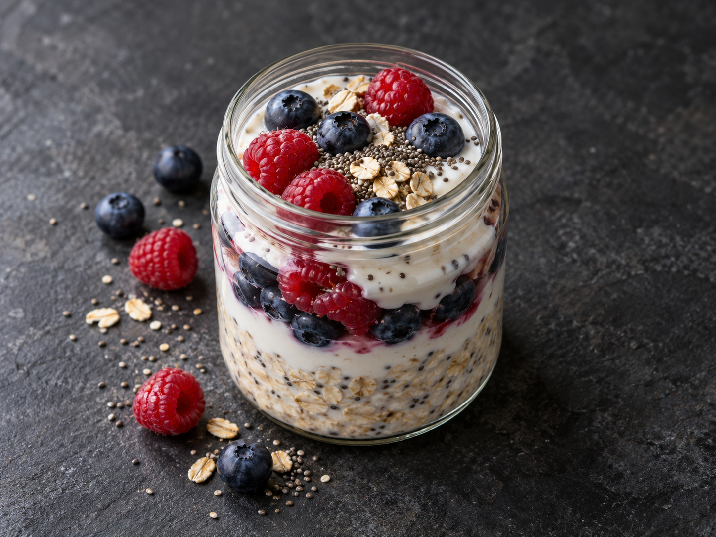 A jar of berry protein overnight oats topped with raspberries and blueberries