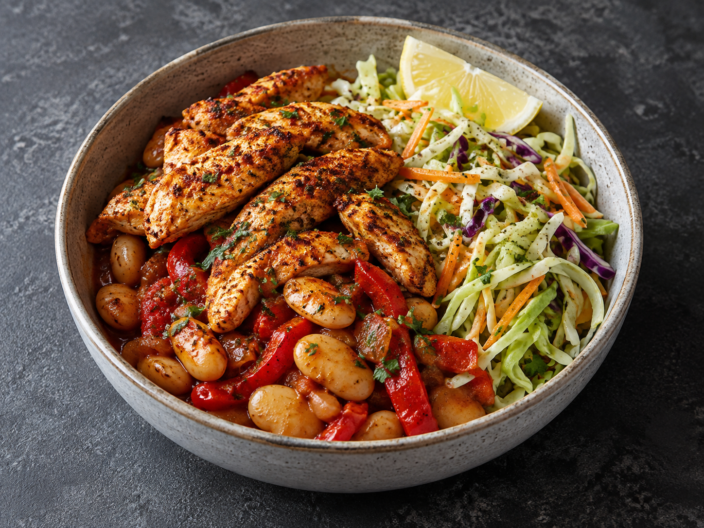 A paprika chicken bowl with mixed beans and crunchy slaw