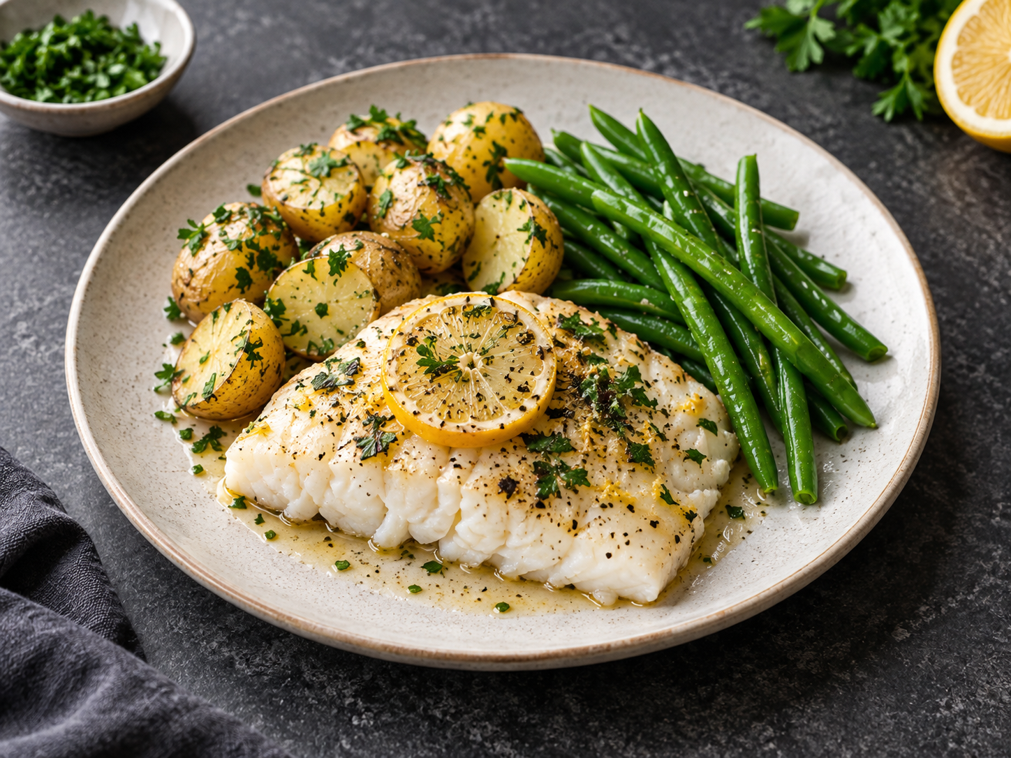 A lemon cod fillet served with herby new potatoes and greens