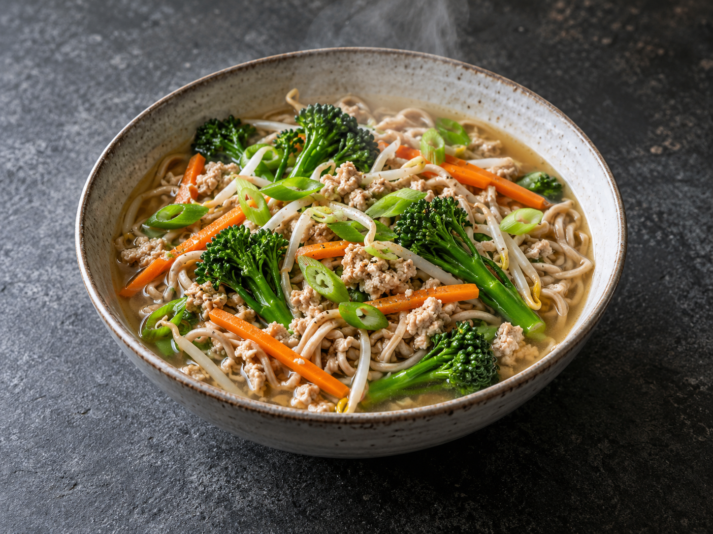 A big vegetable and turkey noodle bowl in a light broth with plenty of crunchy vegetables