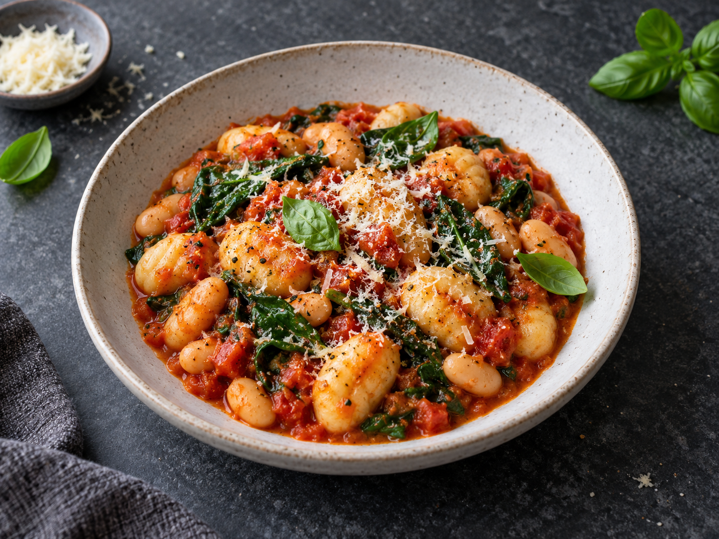A bowl of gnocchi in tomato sauce with butter beans, wilted spinach, grated cheese and basil