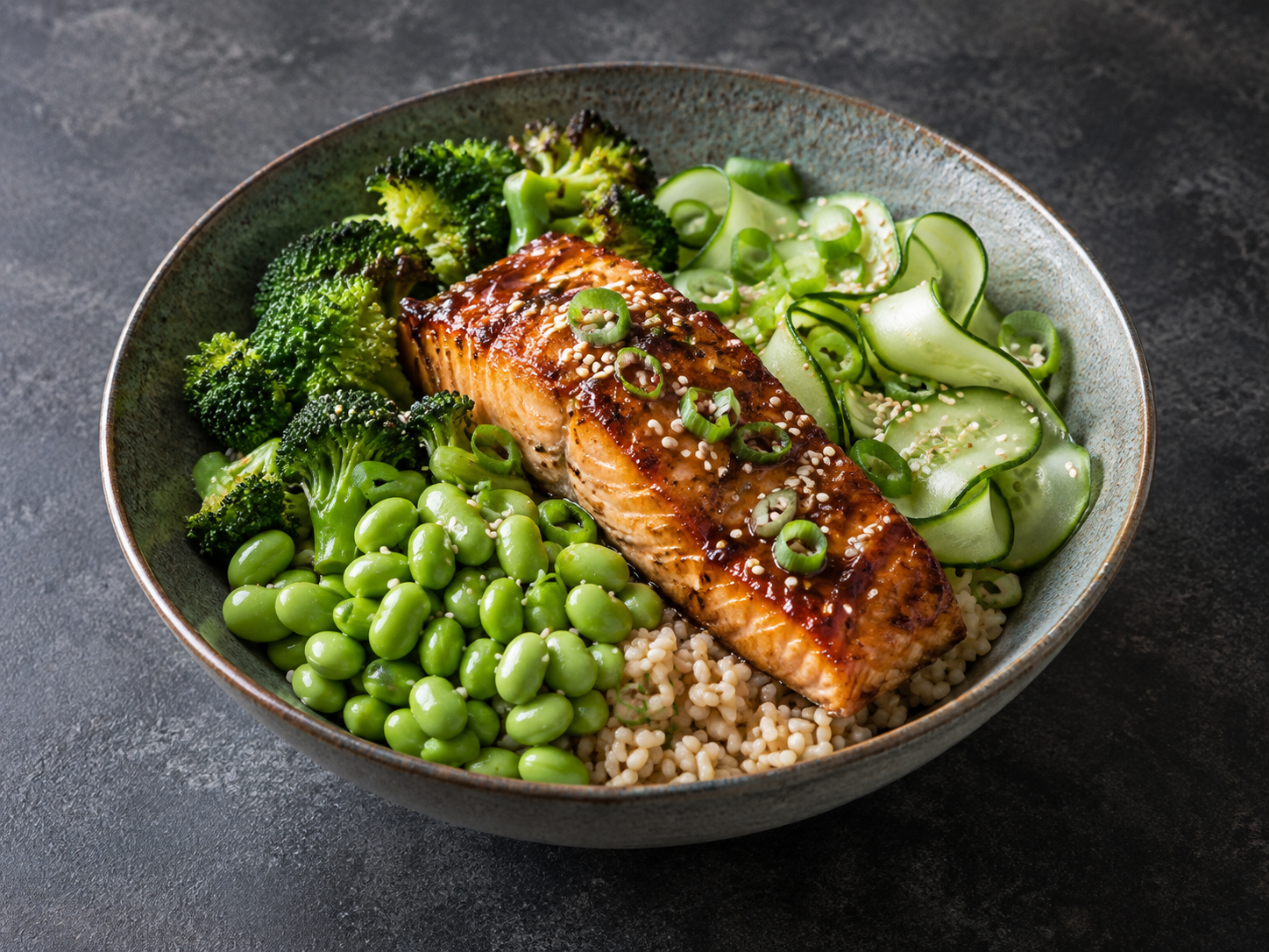 A ginger salmon bowl with green vegetables, rice and a salmon fillet