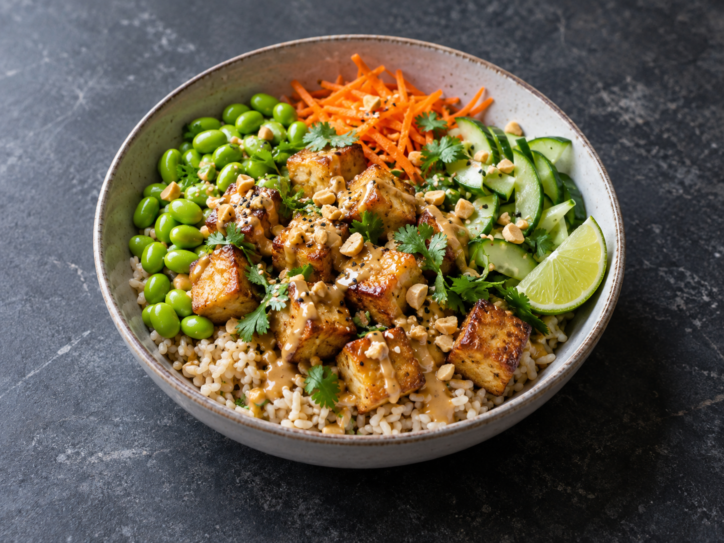 A peanut tofu bowl with edamame beans, rice and crunchy vegetables