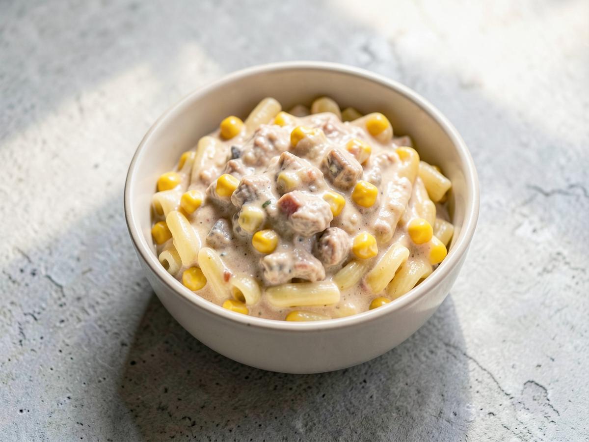 A pot of creamy tuna and sweetcorn pasta