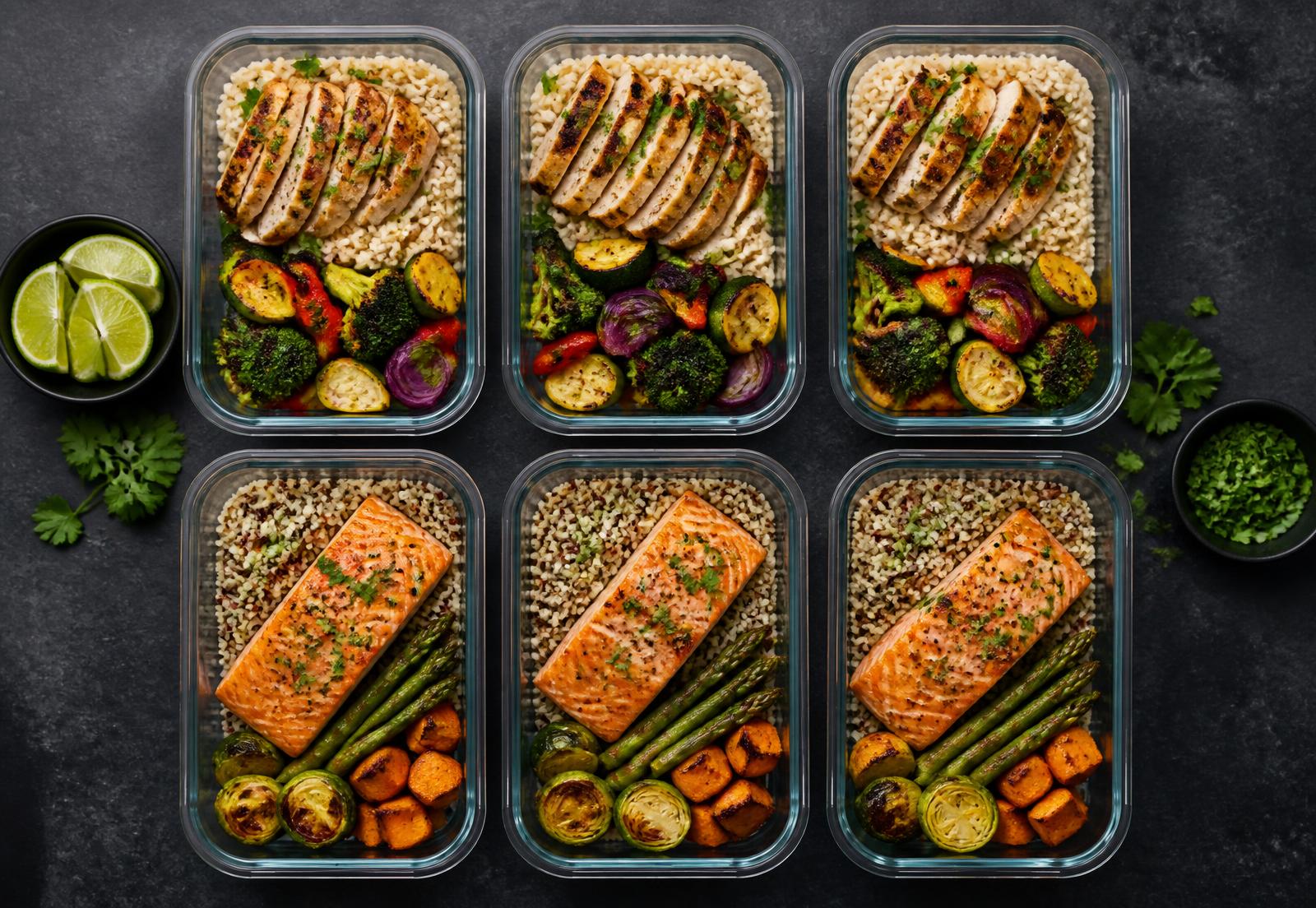 Meal prep containers with chicken, salmon, rice and roasted vegetables