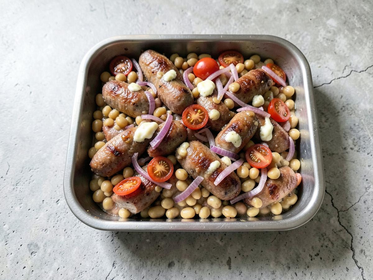 A traybake of sausages with butter beans, cherry tomatoes and red onion