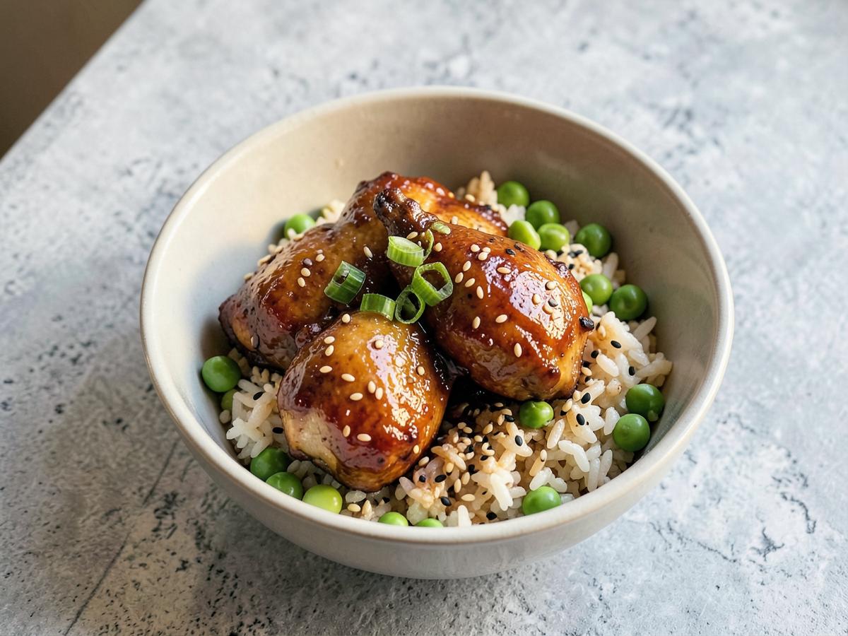 A sticky glazed chicken and edamame rice bowl with sesame seeds and spring onions