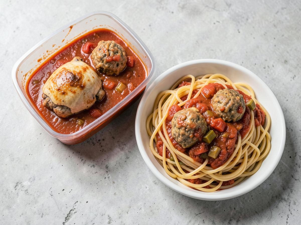 Turkey and vegetable meatballs in tomato sauce, half frozen in a container and half served with spaghetti